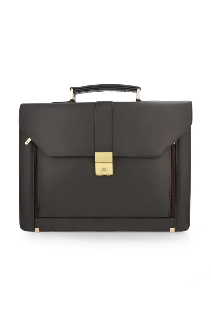 Men's Executive Leather Briefcase | Dark Brown | Gold Push-Lock Clasp | 100% Real Leather