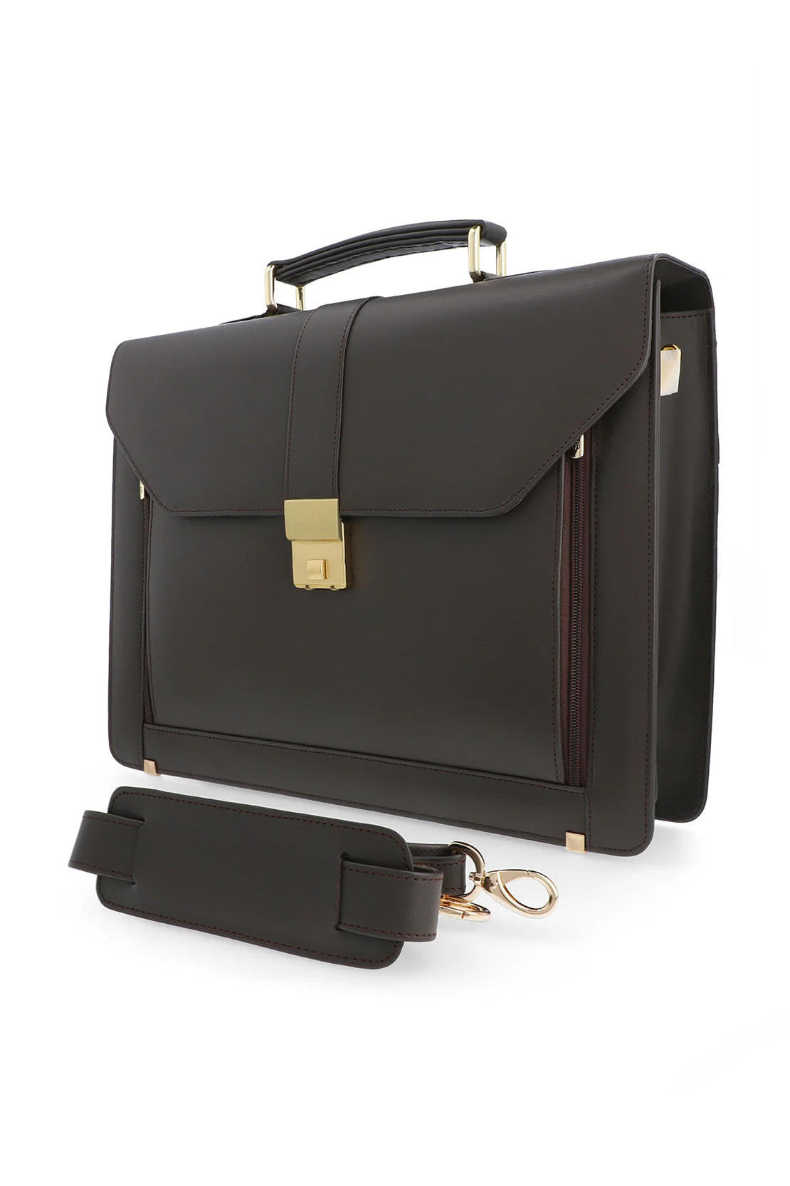 Men's Executive Leather Briefcase | Dark Brown | Gold Push-Lock Clasp | 100% Real Leather