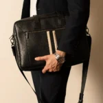 Umberto Men's Leather Laptop Bag | Onyx Black | Gold Contrast Stripe | 100% Real Leather thumbnail