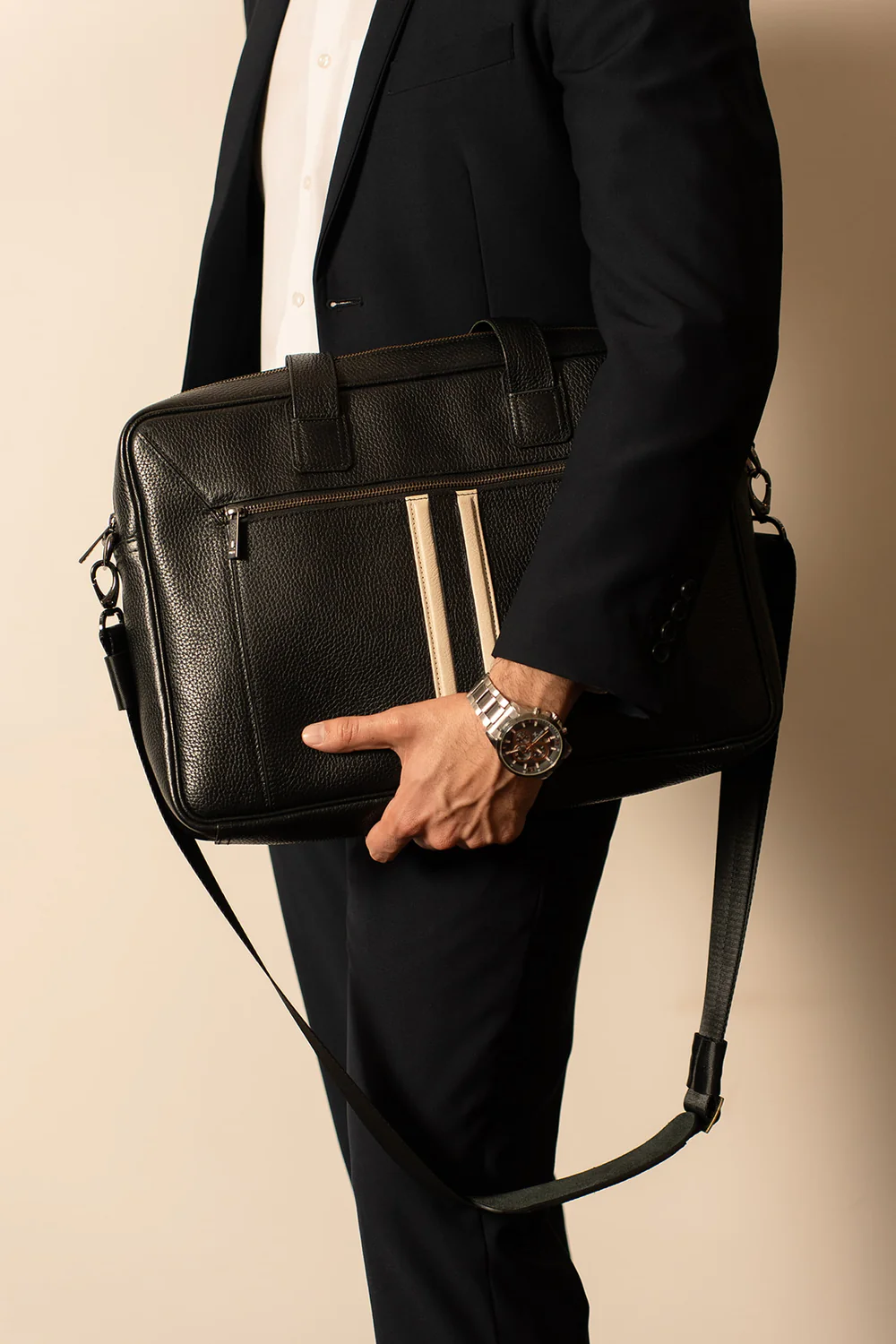 Umberto Men's Leather Laptop Bag | Onyx Black | Gold Contrast Stripe | 100% Real Leather