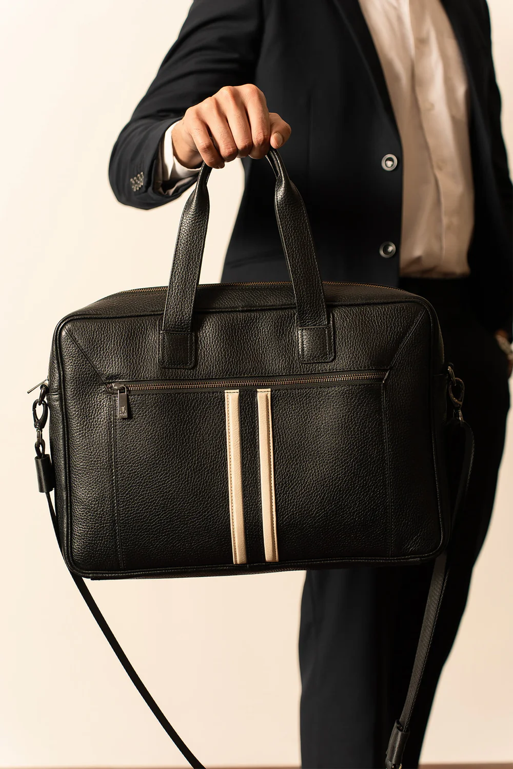 Umberto Men's Leather Laptop Bag | Onyx Black | Gold Contrast Stripe | 100% Real Leather