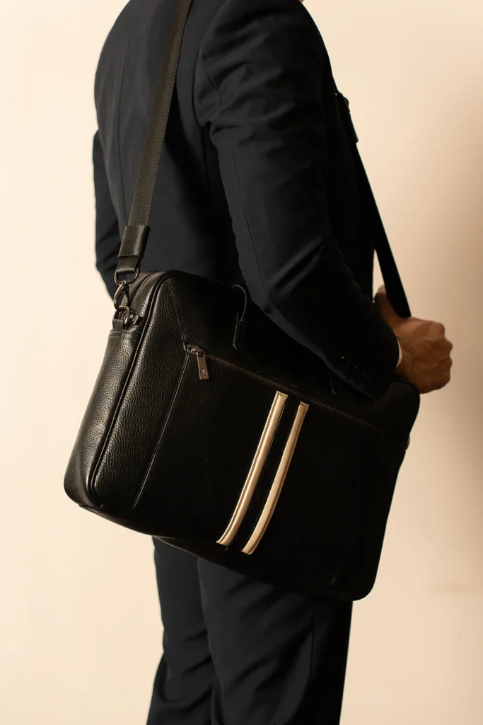 Umberto Men's Leather Laptop Bag | Onyx Black | Gold Contrast Stripe | 100% Real Leather