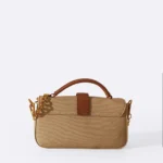 Women's Beige Yolu Top Handle Bag | Canvas Body | Chunky Gold Chain Handle | Tan Leather Trim thumbnail
