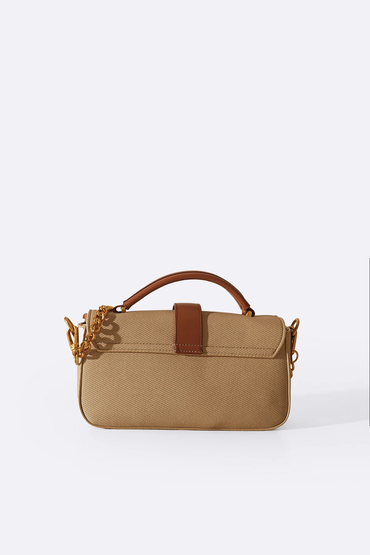 Women's Beige Yolu Top Handle Bag | Canvas Body | Chunky Gold Chain Handle | Tan Leather Trim