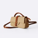 Women's Beige Yolu Top Handle Bag | Canvas Body | Chunky Gold Chain Handle | Tan Leather Trim thumbnail
