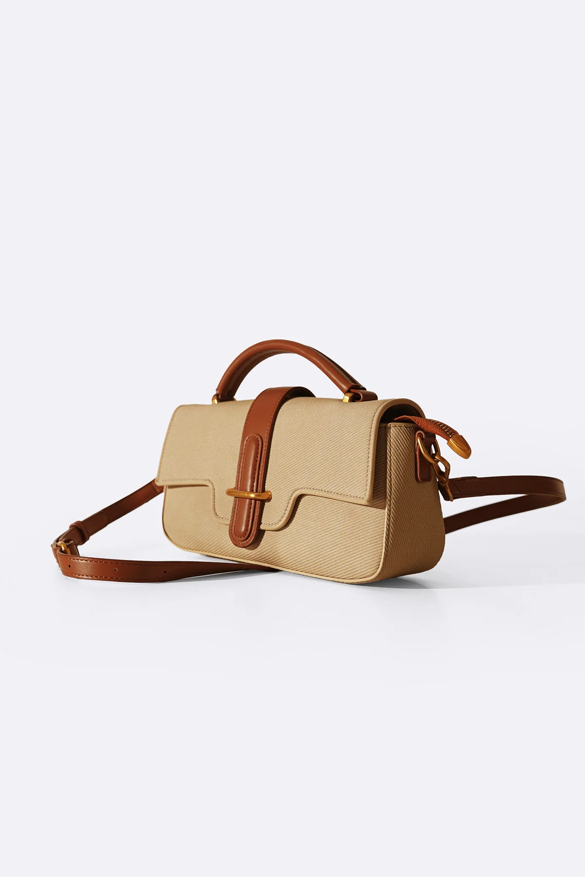 Women's Beige Yolu Top Handle Bag | Canvas Body | Chunky Gold Chain Handle | Tan Leather Trim