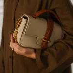 Women's Beige Yolu Top Handle Bag | Canvas Body | Chunky Gold Chain Handle | Tan Leather Trim thumbnail