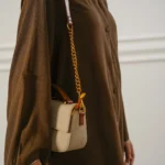 Women's Beige Yolu Top Handle Bag | Canvas Body | Chunky Gold Chain Handle | Tan Leather Trim thumbnail