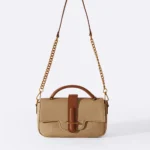 Women's Beige Yolu Top Handle Bag | Canvas Body | Chunky Gold Chain Handle | Tan Leather Trim thumbnail