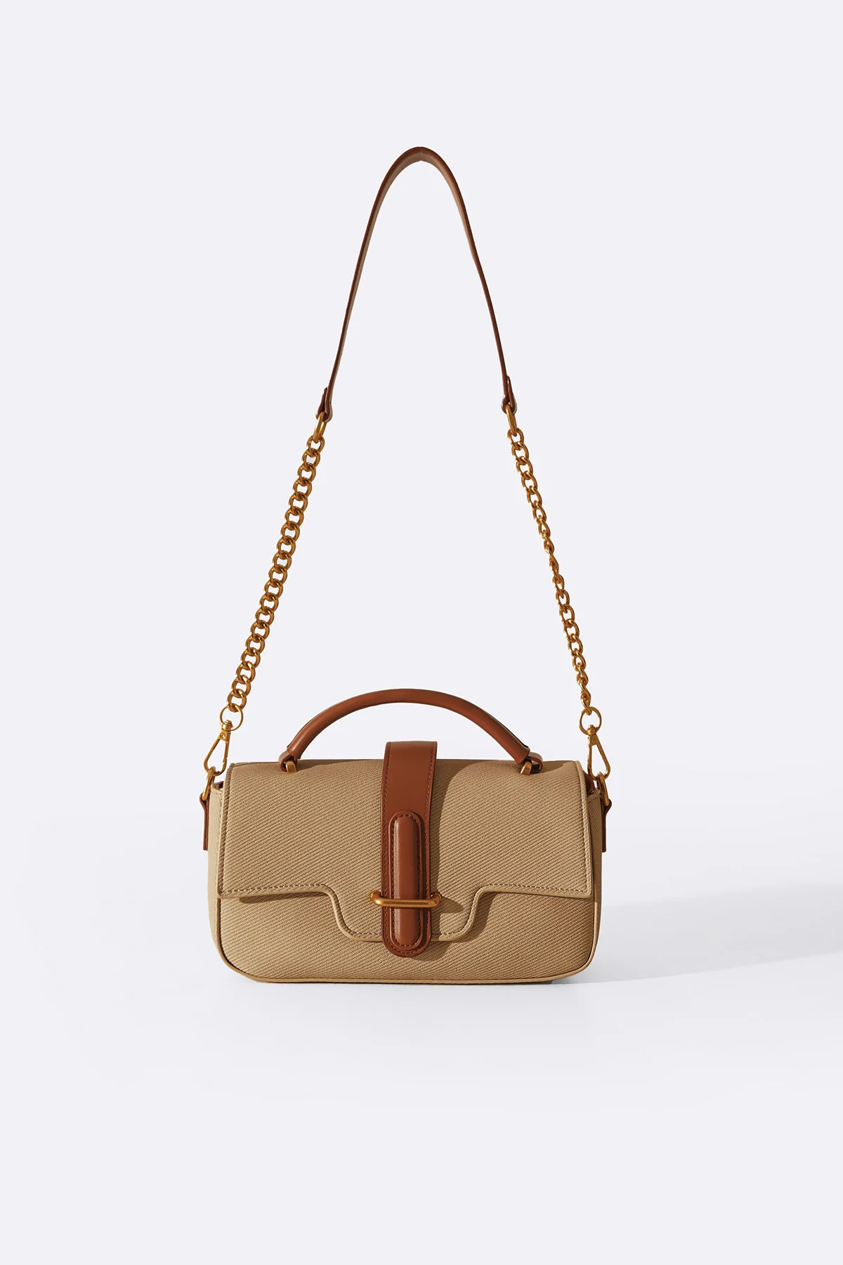 Women's Beige Yolu Top Handle Bag | Canvas Body | Chunky Gold Chain Handle | Tan Leather Trim