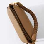 Women's Taupe Braided Top Handle Bag | Pebbled Leather with Gold Hardware | Shoulder & Crossbody thumbnail