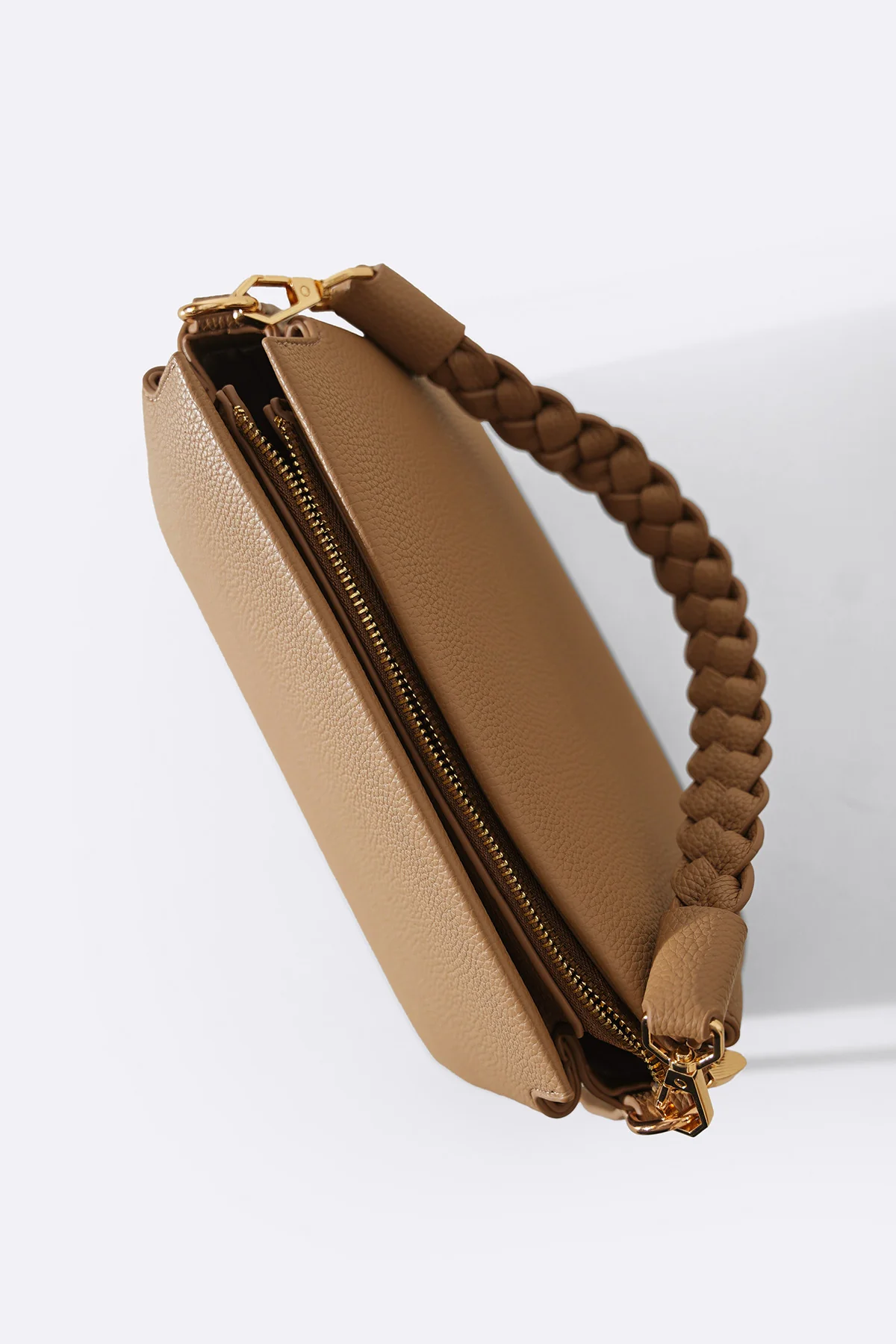 Women's Taupe Braided Top Handle Bag | Pebbled Leather with Gold Hardware | Shoulder & Crossbody