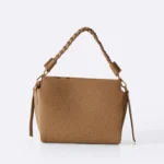 Women's Taupe Braided Top Handle Bag | Pebbled Leather with Gold Hardware | Shoulder & Crossbody thumbnail