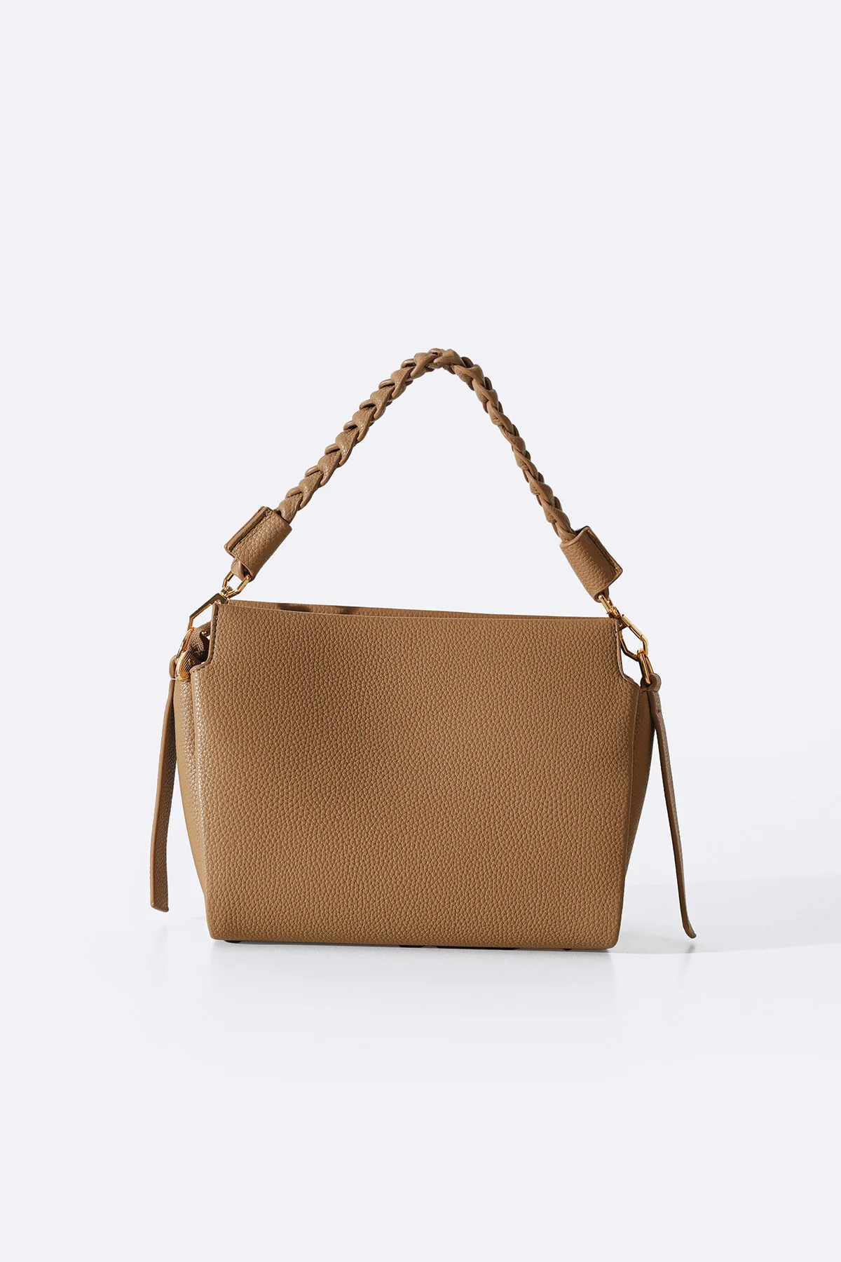 Women's Taupe Braided Top Handle Bag | Pebbled Leather with Gold Hardware | Shoulder & Crossbody