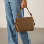 Women's Taupe Braided Top Handle Bag | Pebbled Leather with Gold Hardware | Shoulder & Crossbody thumbnail