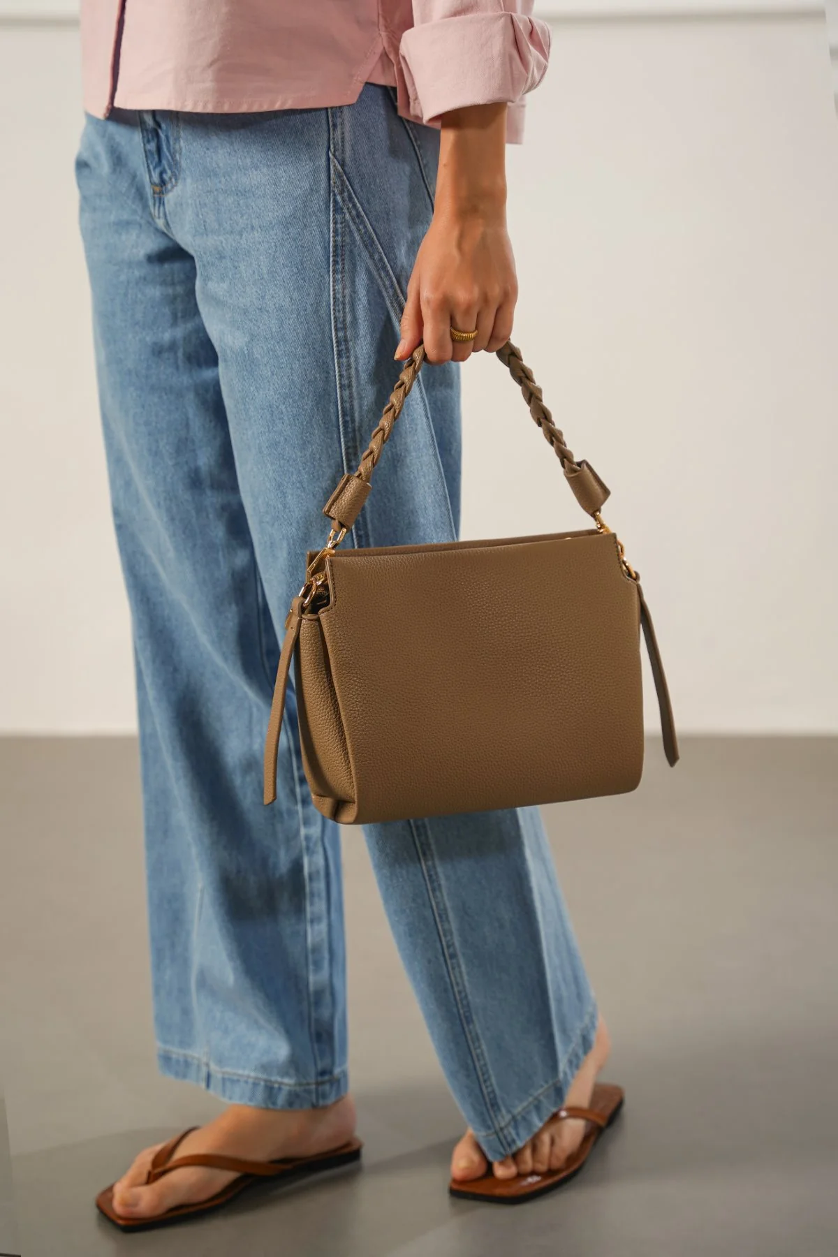 Women's Taupe Braided Top Handle Bag | Pebbled Leather with Gold Hardware | Shoulder & Crossbody