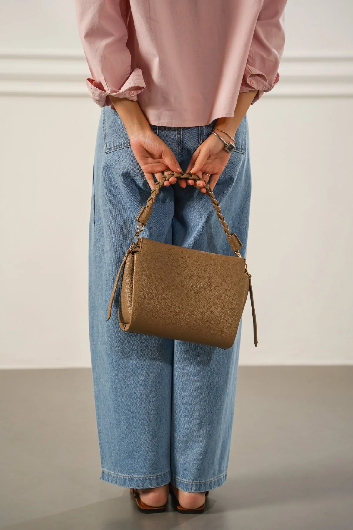 Women's Taupe Braided Top Handle Bag | Pebbled Leather with Gold Hardware | Shoulder & Crossbody