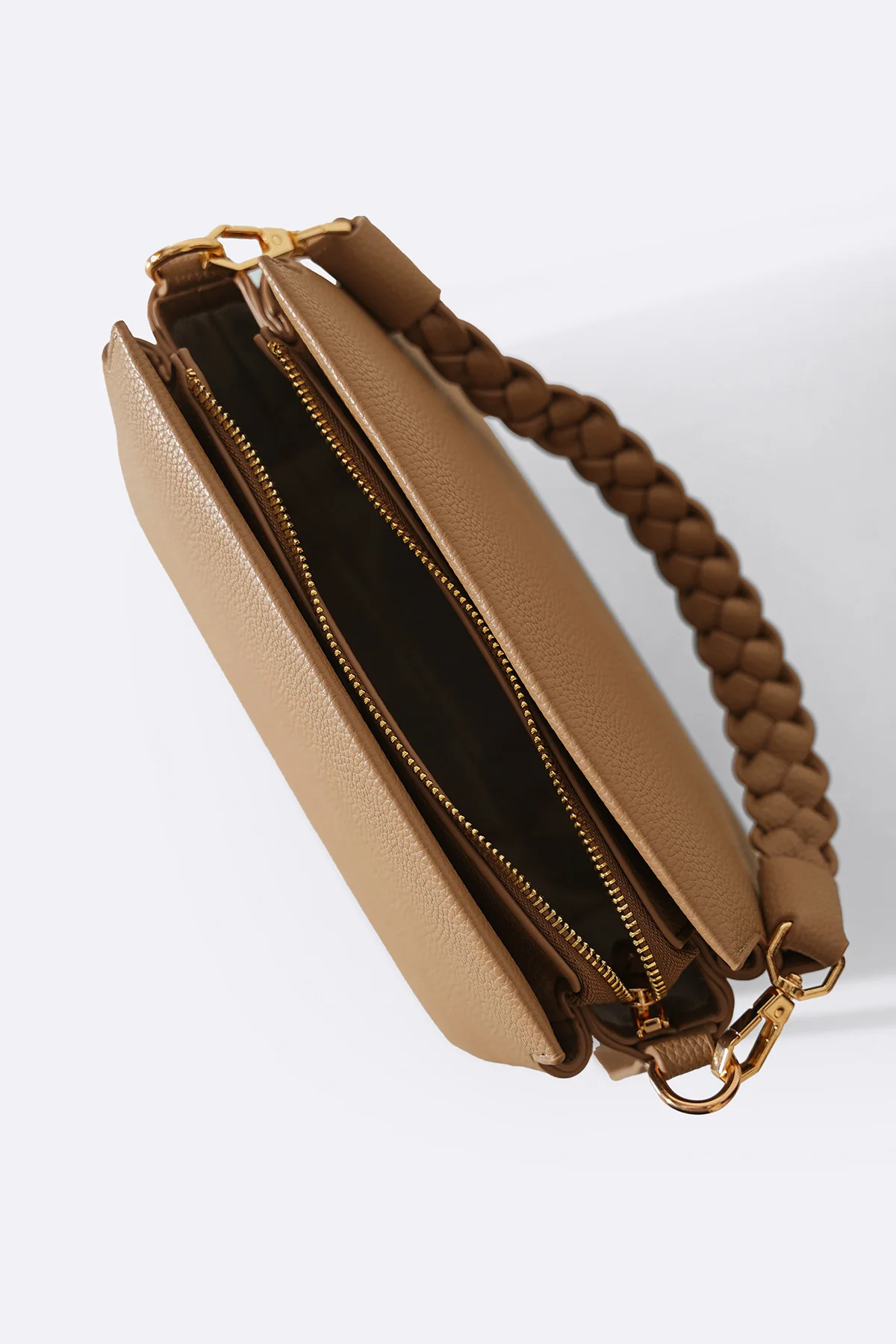Women's Taupe Braided Top Handle Bag | Pebbled Leather with Gold Hardware | Shoulder & Crossbody
