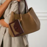 Women's Beige Karakoy Top Handle Tote Bag | Woven Textile & Burgundy Leather Trim | Attached Mini Pouch thumbnail