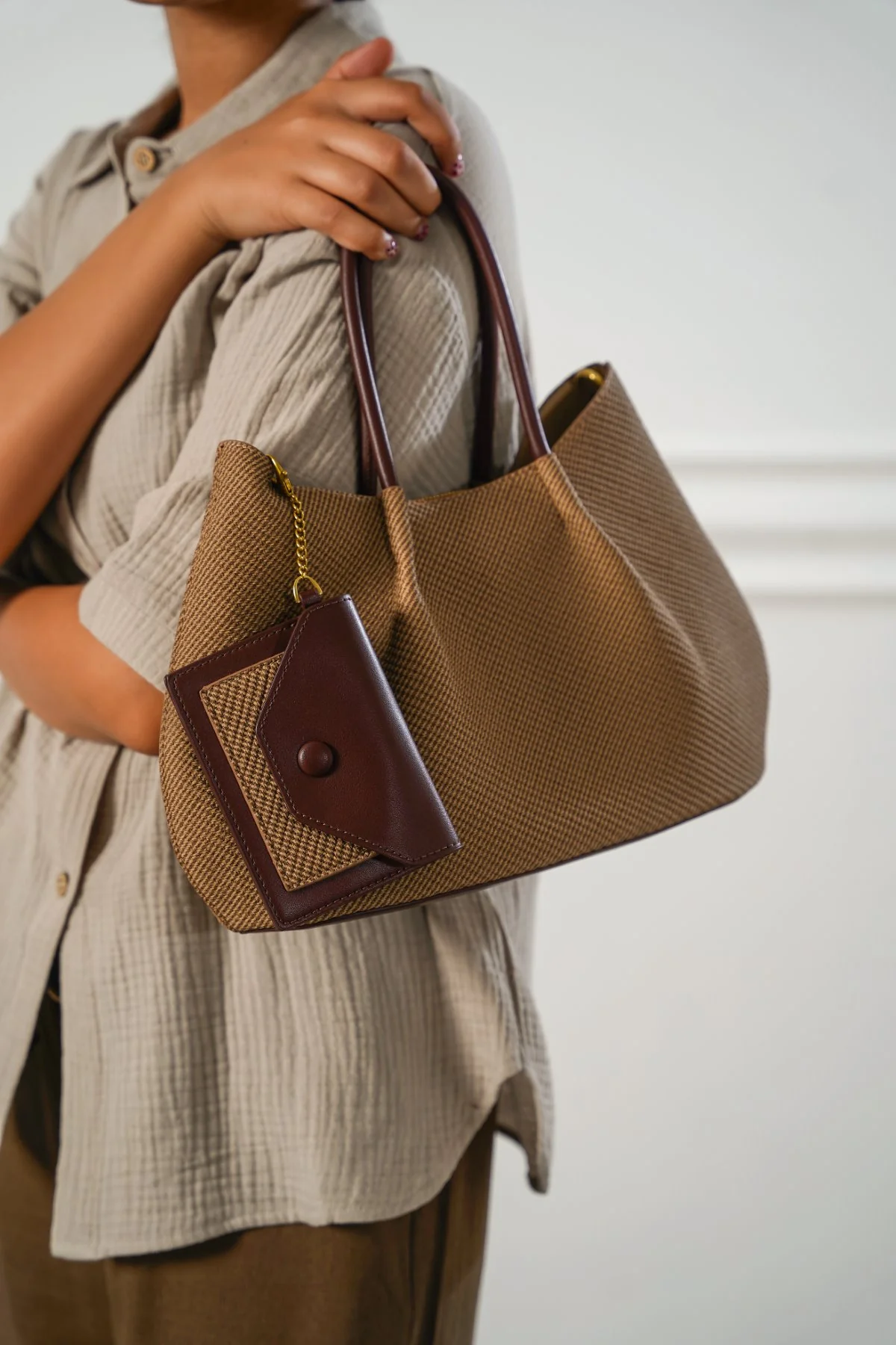 Women's Beige Karakoy Top Handle Tote Bag | Woven Textile & Burgundy Leather Trim | Attached Mini Pouch
