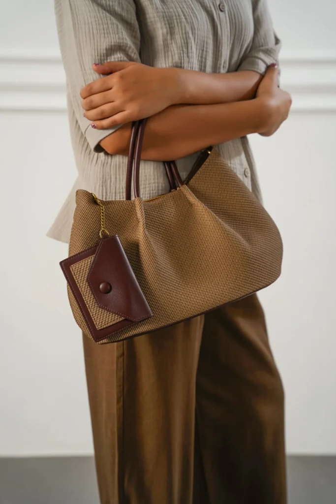 Women's Beige Karakoy Top Handle Tote Bag | Woven Textile & Burgundy Leather Trim | Attached Mini Pouch