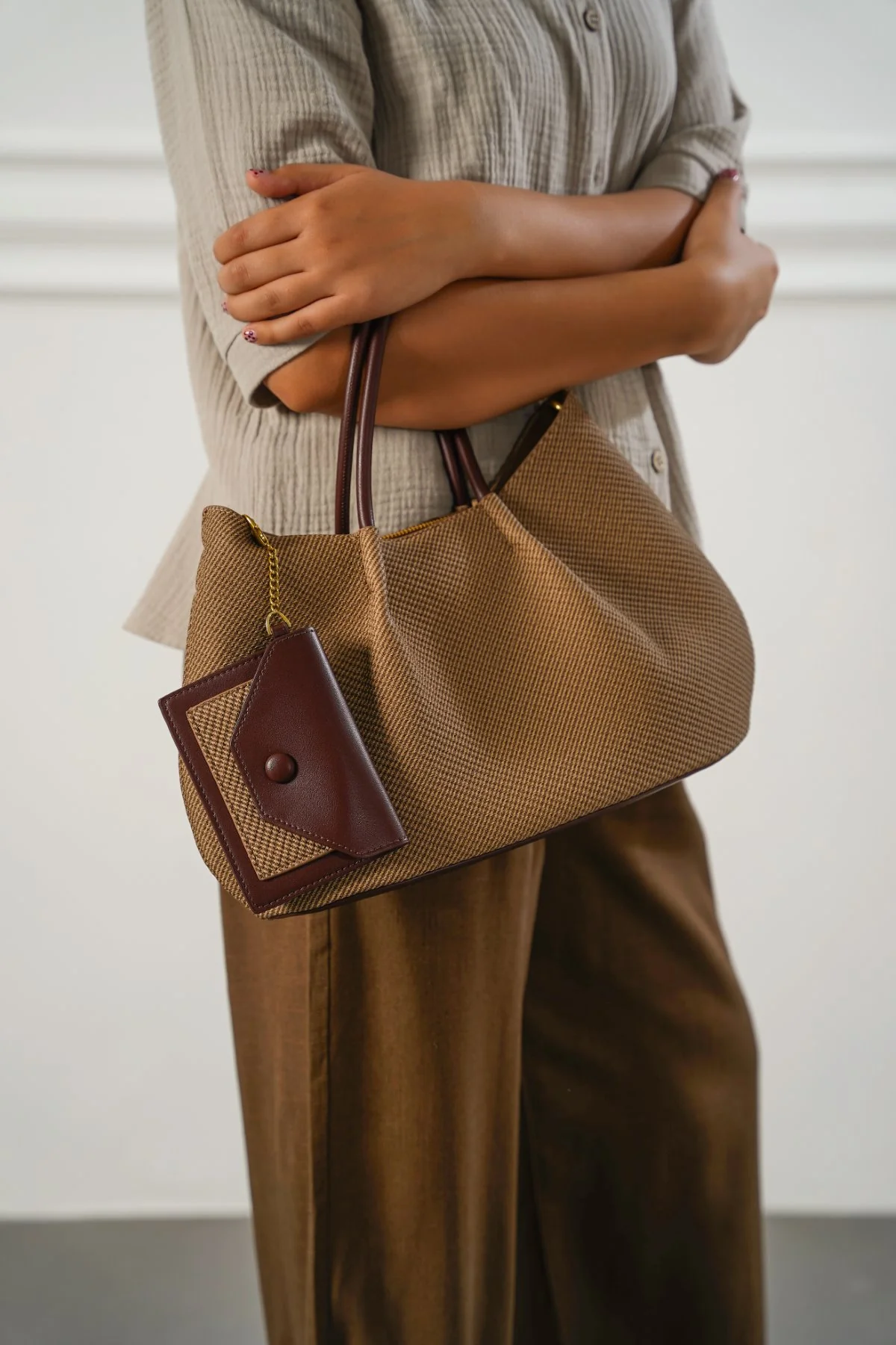 Women's Beige Karakoy Top Handle Tote Bag | Woven Textile & Burgundy Leather Trim | Attached Mini Pouch