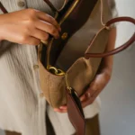 Women's Beige Karakoy Top Handle Tote Bag | Woven Textile & Burgundy Leather Trim | Attached Mini Pouch thumbnail