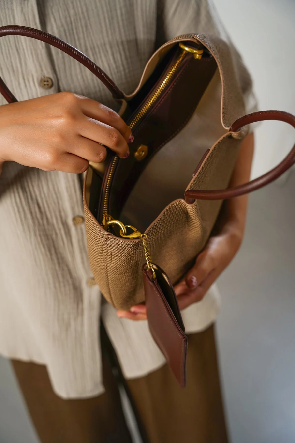 Women's Beige Karakoy Top Handle Tote Bag | Woven Textile & Burgundy Leather Trim | Attached Mini Pouch