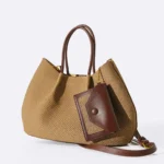 Women's Beige Karakoy Top Handle Tote Bag | Woven Textile & Burgundy Leather Trim | Attached Mini Pouch thumbnail