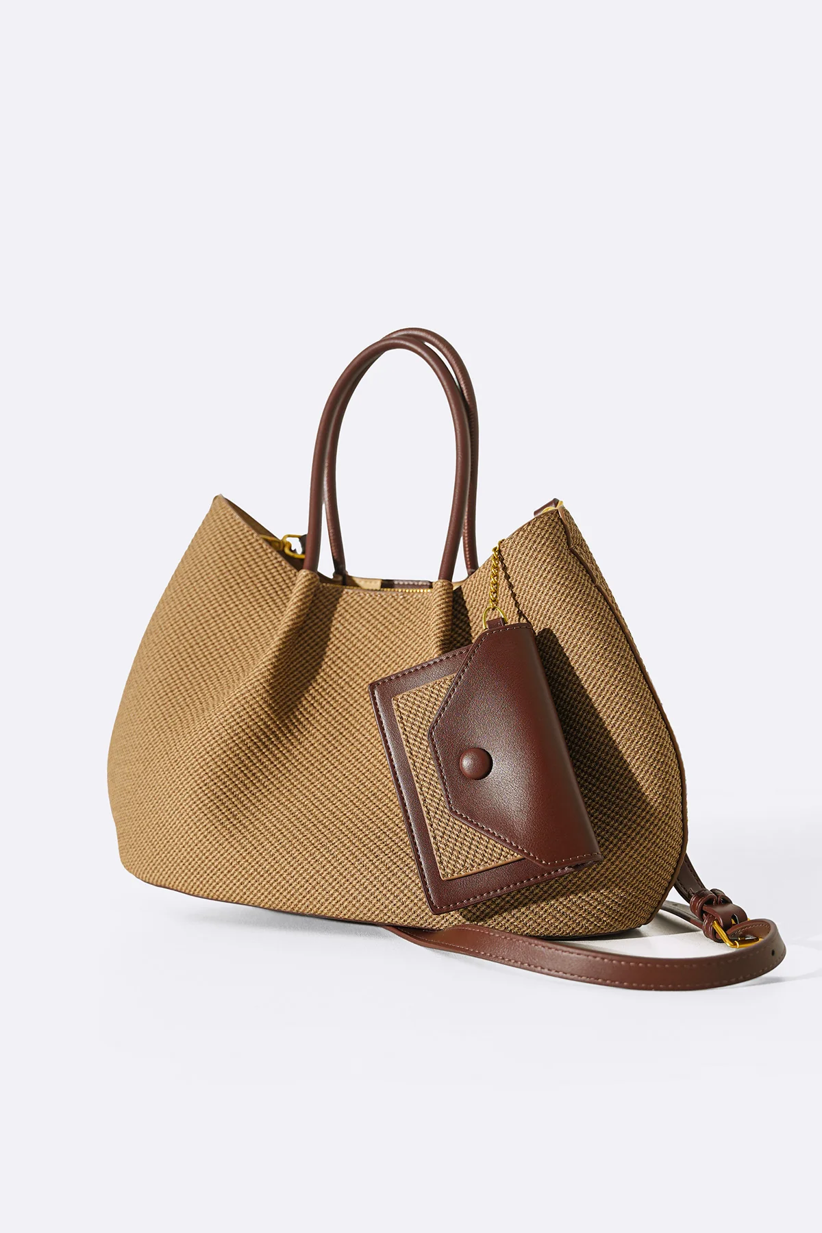 Women's Beige Karakoy Top Handle Tote Bag | Woven Textile & Burgundy Leather Trim | Attached Mini Pouch