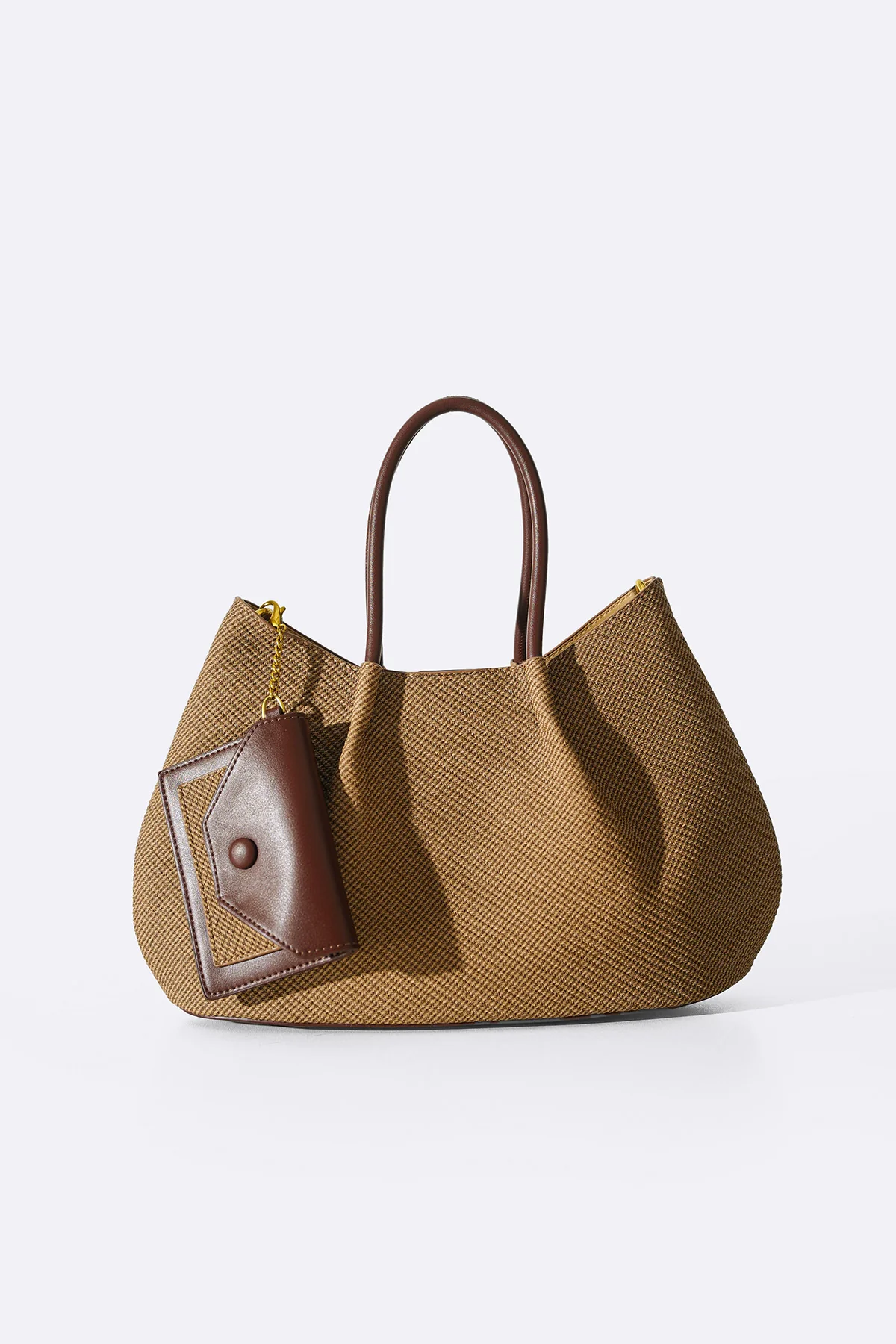Women's Beige Karakoy Top Handle Tote Bag | Woven Textile & Burgundy Leather Trim | Attached Mini Pouch
