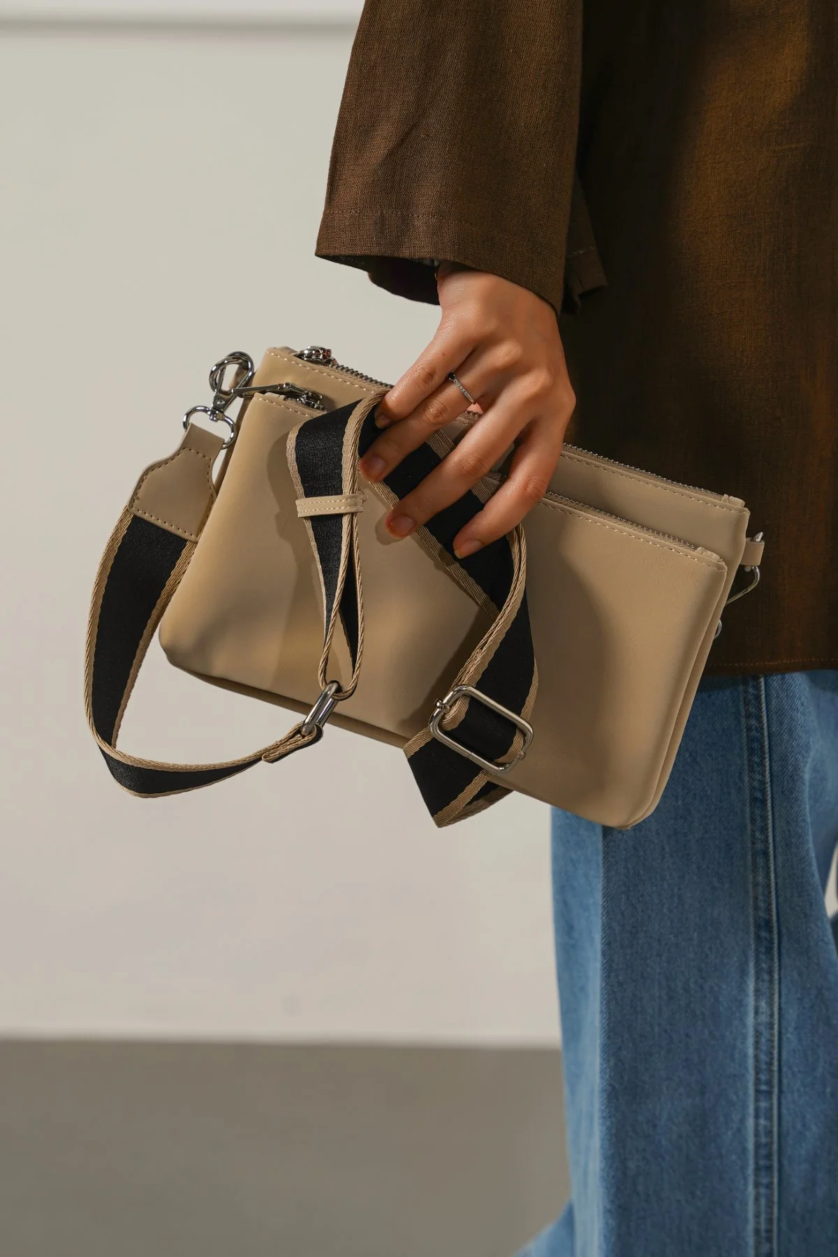 Women's Off-White Velvet Peach Crossbody Bag | Wide Canvas Strap | Silver Hardware | Compact Clutch