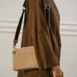 Women's Off-White Velvet Peach Crossbody Bag | Wide Canvas Strap | Silver Hardware | Compact Clutch thumbnail