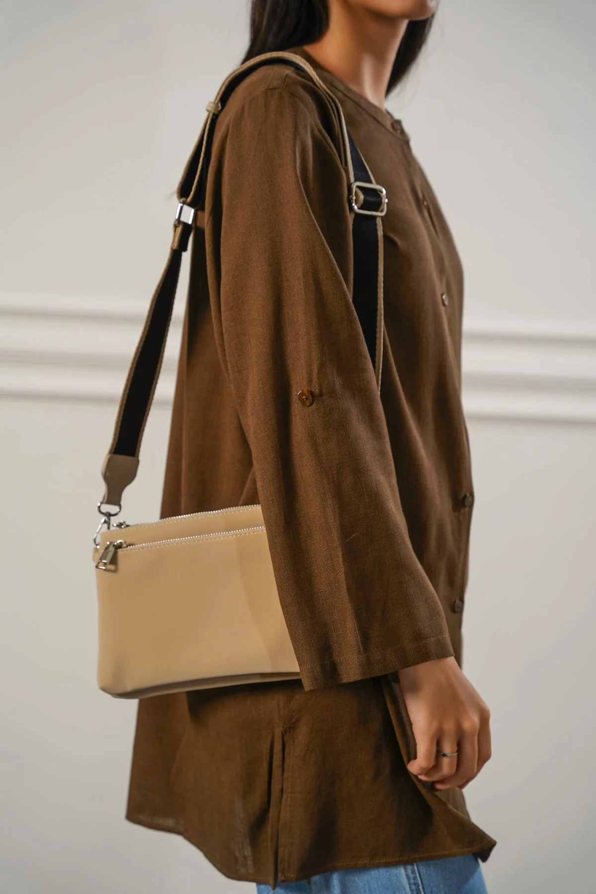 Women's Off-White Velvet Peach Crossbody Bag | Wide Canvas Strap | Silver Hardware | Compact Clutch