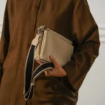 Women's Off-White Velvet Peach Crossbody Bag | Wide Canvas Strap | Silver Hardware | Compact Clutch thumbnail