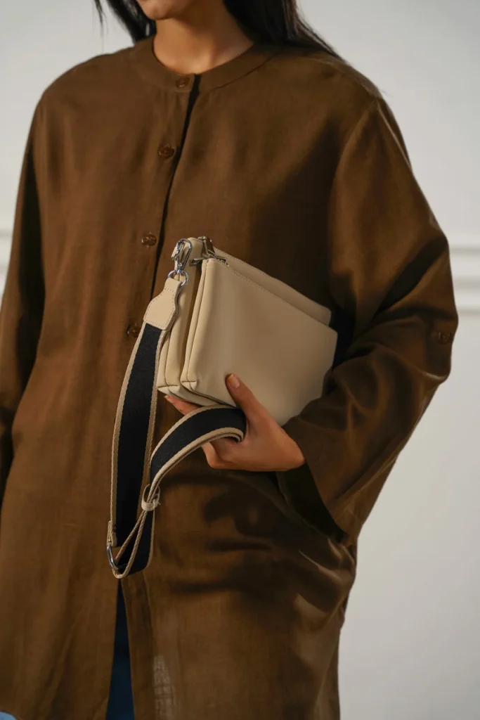 Women's Off-White Velvet Peach Crossbody Bag | Wide Canvas Strap | Silver Hardware | Compact Clutch