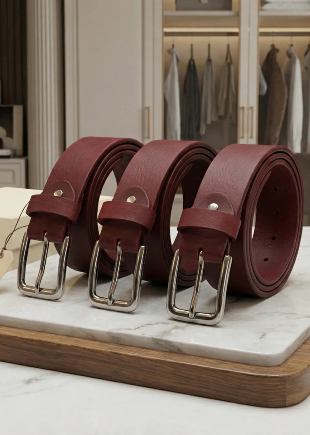 Men's Burgundy Genuine Leather Belt | Silver Square Buckle | Premium Gift Box | 100% Real Leather