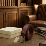 Men's Burgundy Genuine Leather Belt | Silver Square Buckle | Premium Gift Box | 100% Real Leather thumbnail