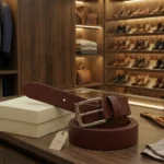 Men's Burgundy Genuine Leather Belt | Silver Square Buckle | Premium Gift Box | 100% Real Leather thumbnail