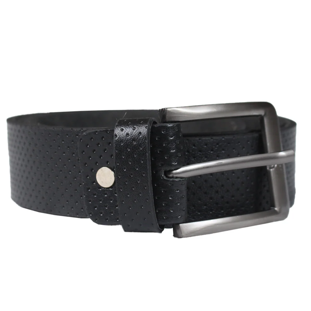 Men's Black Perforated Leather Belt | Gunmetal Square Buckle | 100% Real Leather | Casual & Smart