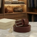Men's Burgundy Genuine Leather Belt | Silver Square Buckle | Premium Gift Box | 100% Real Leather thumbnail